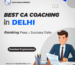 A promotional banner for Commerce Wallah, highlighting "Best CA Coaching in Delhi." The text includes information about rankings, fees, and success rates, with a "Detailed Explanation" button. The banner features an illustration of a smiling professional man in a suit sitting at a desk with documents and stationery.